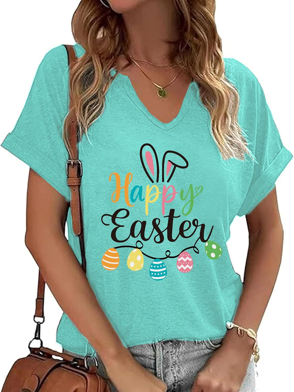 Easter Shirts for Women Happy Bunny Tshirt Cute V Neck Easter Egg Rabbit Teacher Tee Graphic