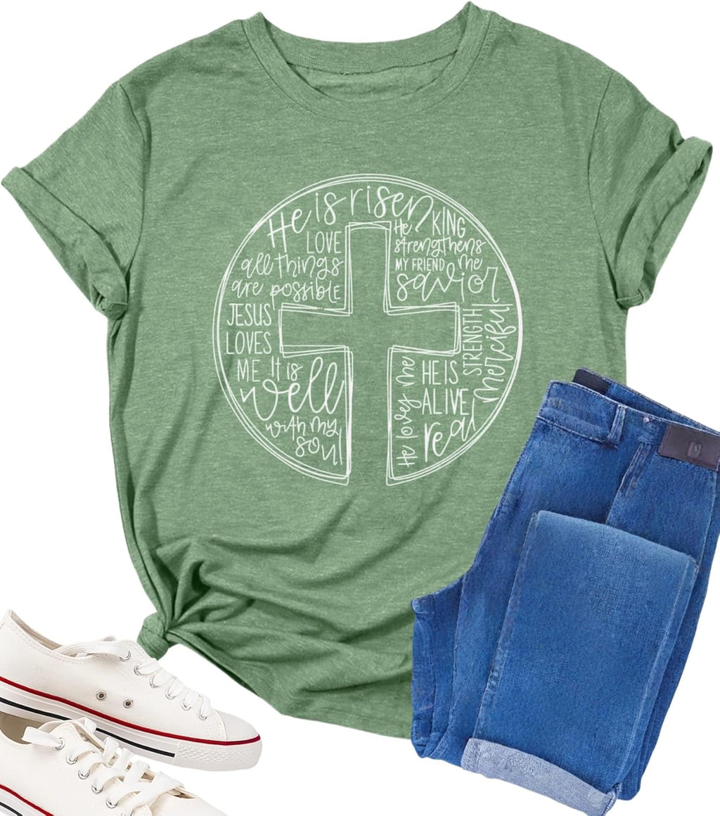 Easter Shirts for Women He is Risen T-Shirt Christian Shirts Jesus Religious Gift Bible Verse Tee Tops