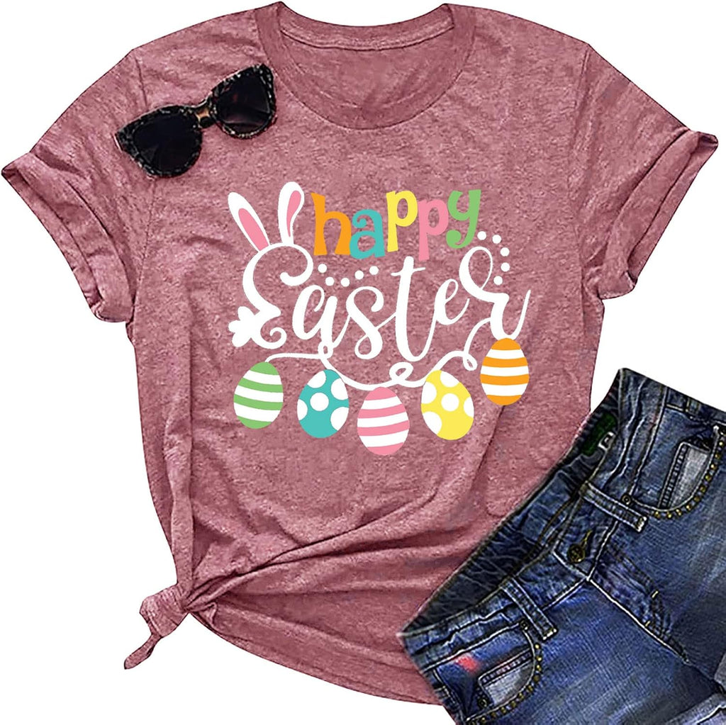 Happy Easter Shirts for Women Easter Bunny T-Shirt Rabbit Graphic Tees Easter Egg Holiday Shirt Tops