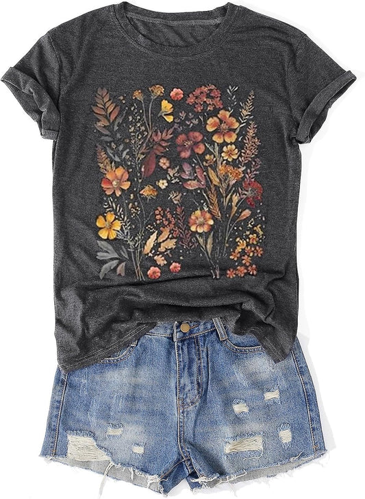 Womens Vintage Flowers T-Shirts Cute Floral Graphic Tees Wildflowers Cottagecore Tshirts Summer Casual Short Sleeve Tops
