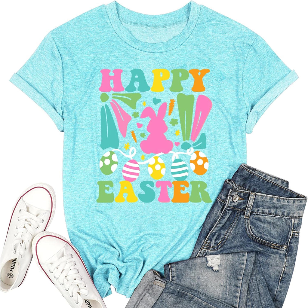 Easter Shirts for Women Happy Bunny Shirt Easter Eggs Printed Tshirt Floral Rabbit Holiday Graphic Tee