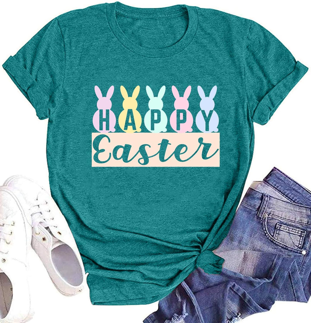 Happy Easter Shirts for Women Bunny Rabbit Graphic T-Shirt Easter Print Short Sleeve Tees Casual Tops(Cyan,Mudium)