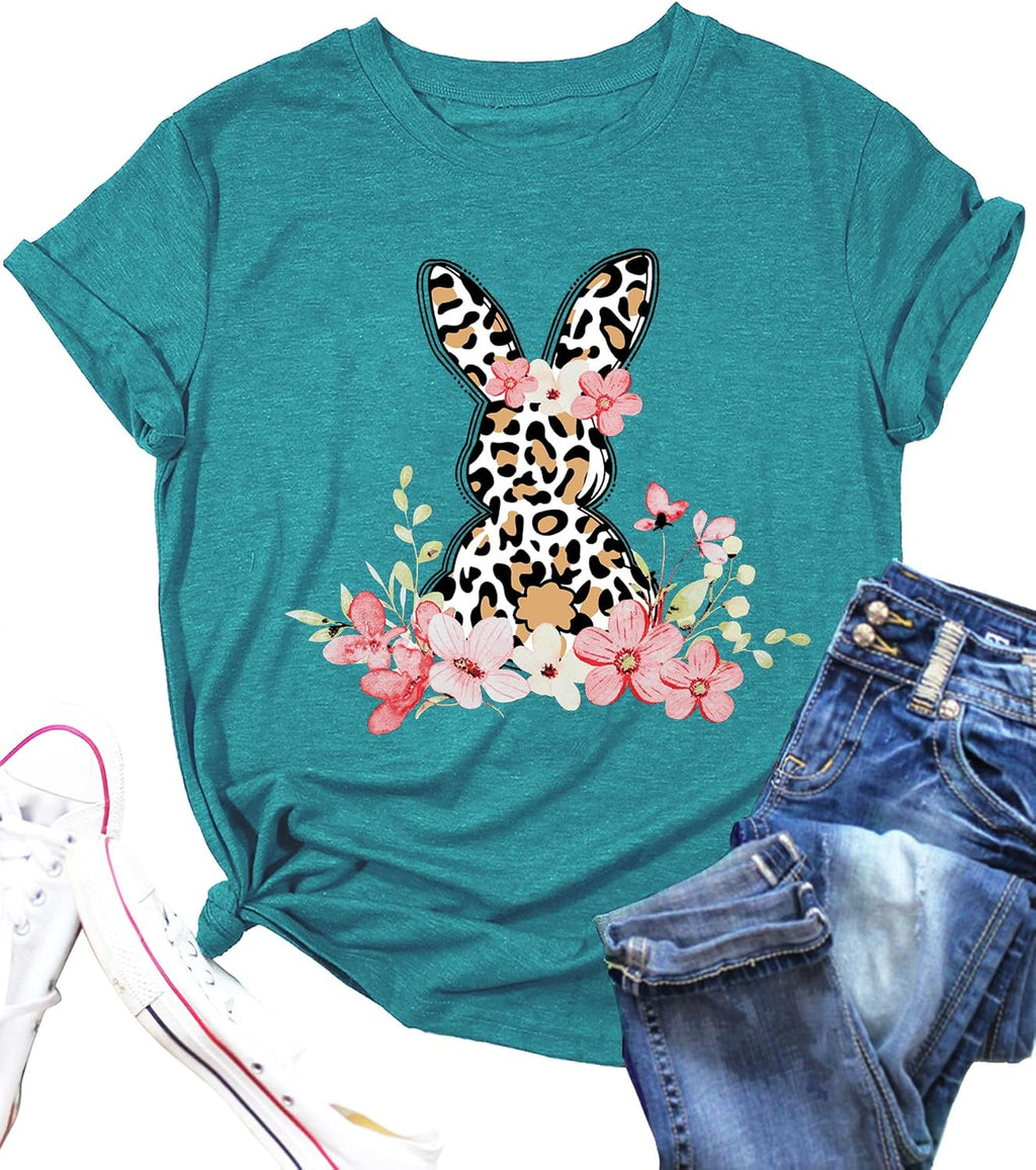 Womens Easter Shirts Cute Floral Bunny T-Shirt Leopard Print Tee Easter Gift Casual Top Shirts