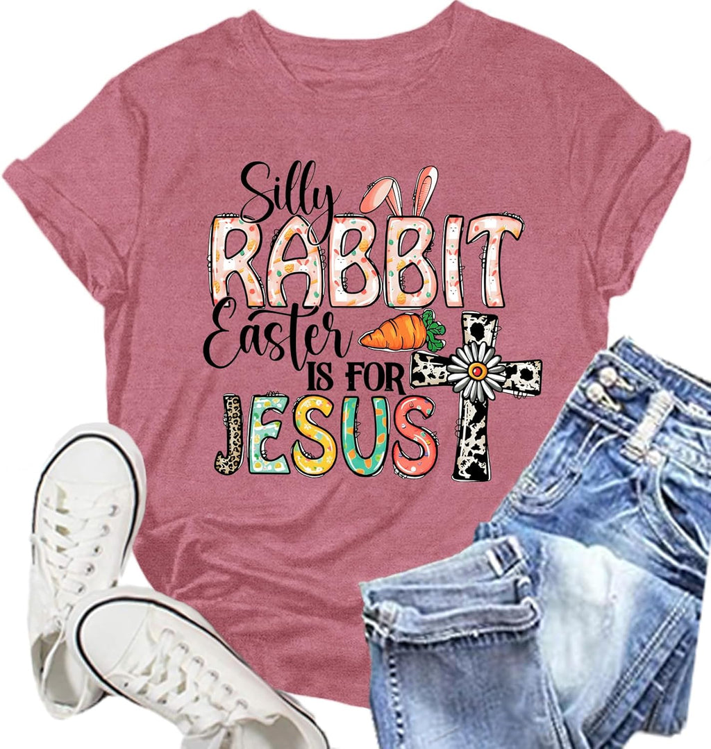 Womens Easter is for Jesus Shirt Easter Day T-Shirts Silly Rabbit Tee Tops