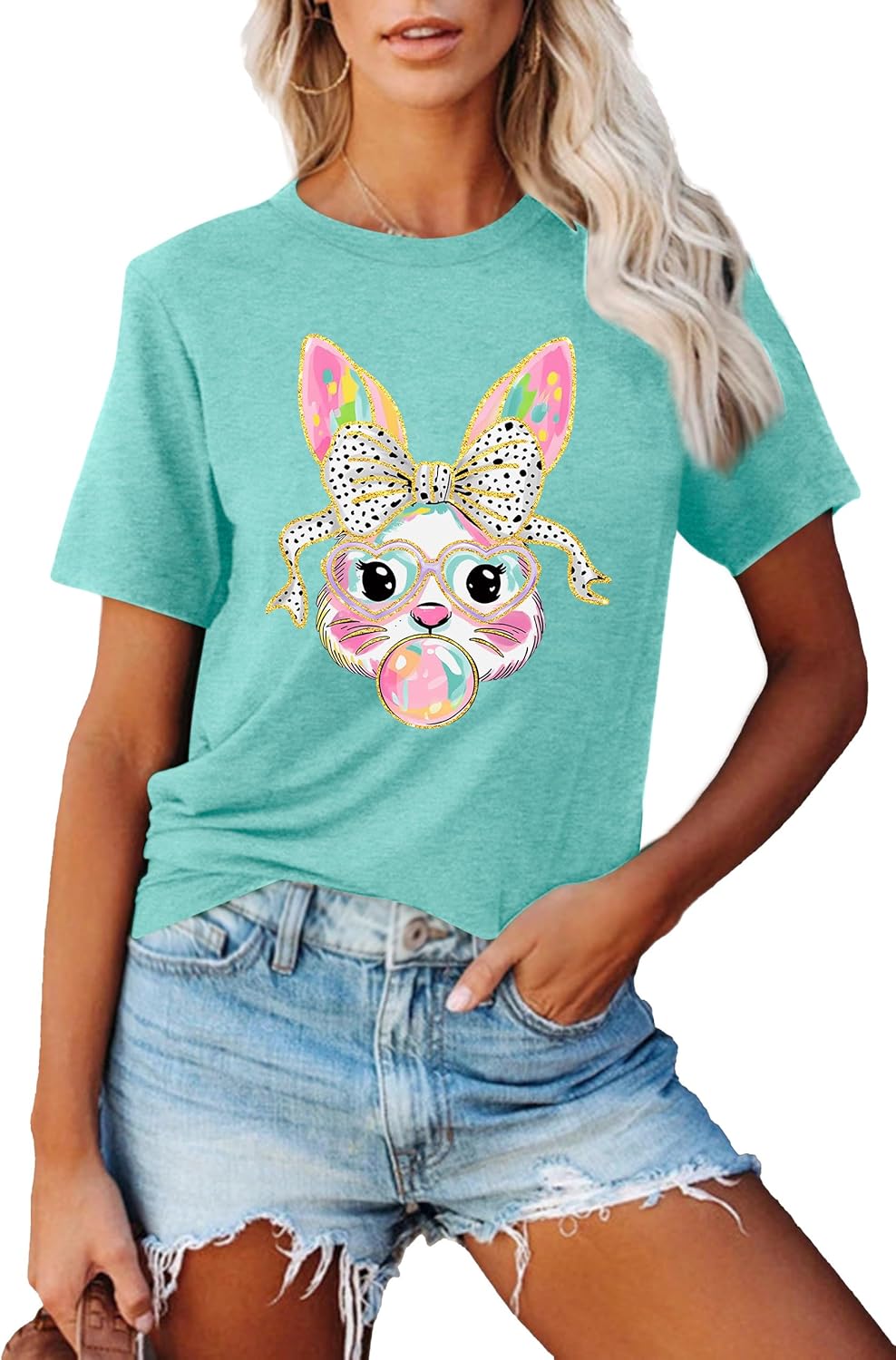 Easter Shirts for Women Happy Easter Bunny Printed Short Sleeve Tee Funny Blowing Bubbles Rabbit Casual Top