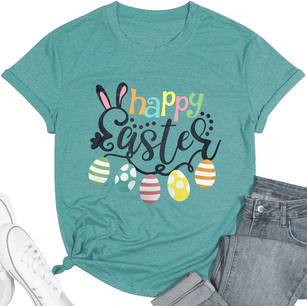 Women Happy Easter Shirts Funny Bunny T-Shirt Rabbit Graphic Tee Tops