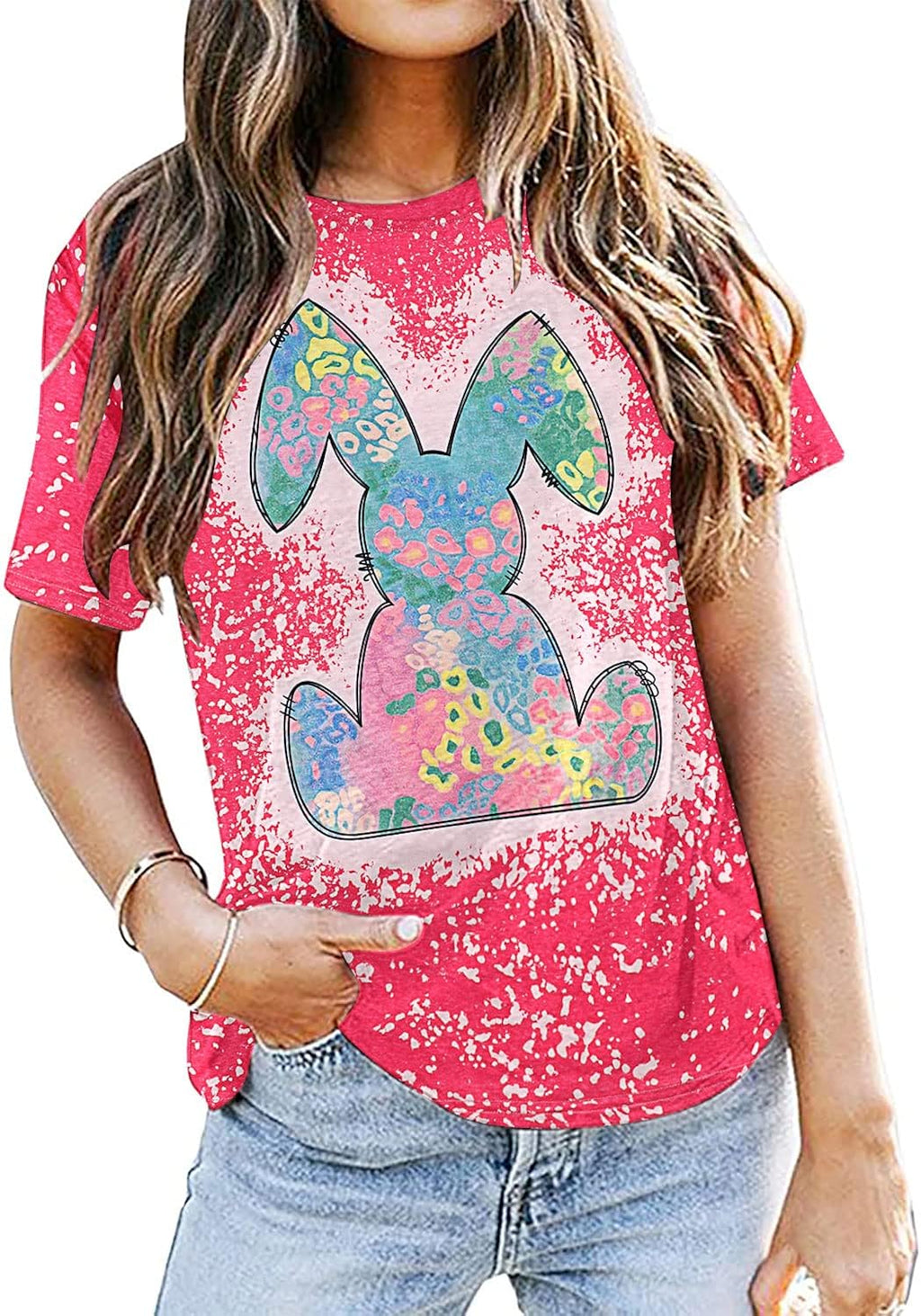 Women Happy Easter T Shirt Tie-Dyed Rabbit Graphic Shirts Funny Bunny Graphic Letter Printed Easter Tee Shirts