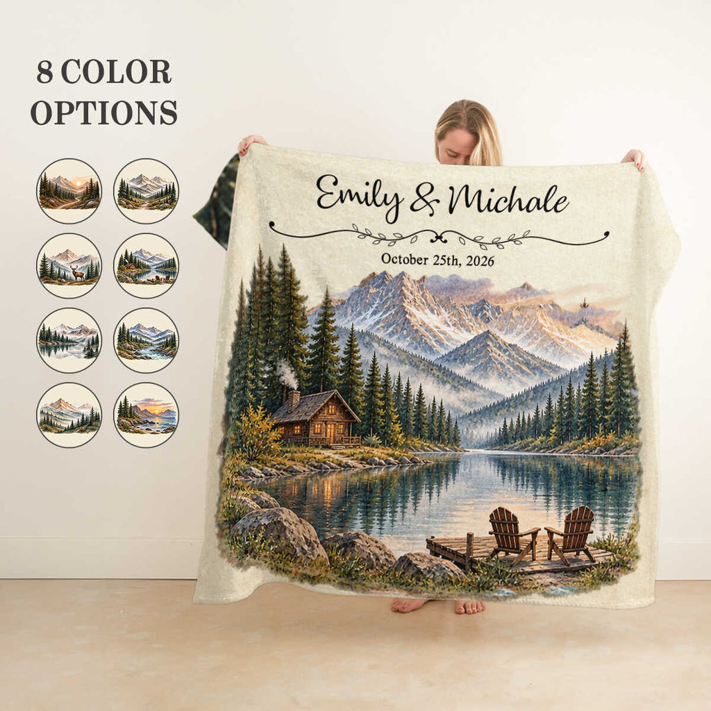 Personalized Couple Mountain Blanket, Custom Couple Name Throw, Scenic Mountain Landscape Blanket, Wedding Gift For Couple, Anniversary Gift
