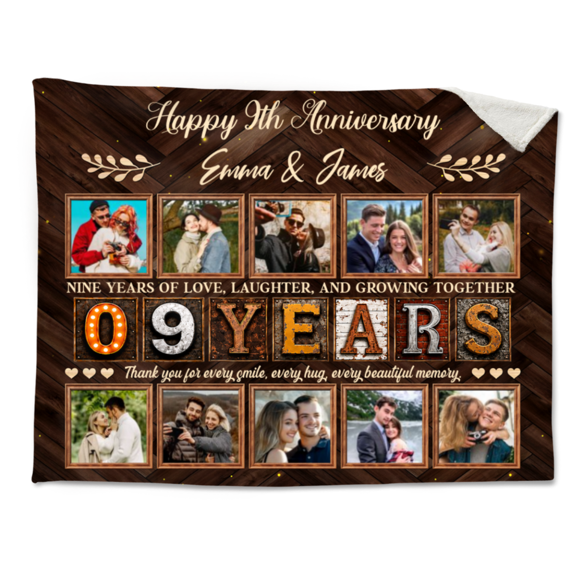 Personalized 9th Anniversary Photo Collage Blanket, Custom 9 Years Together Gift, Wedding Anniversary Blanket, Couple Memory Keepsake