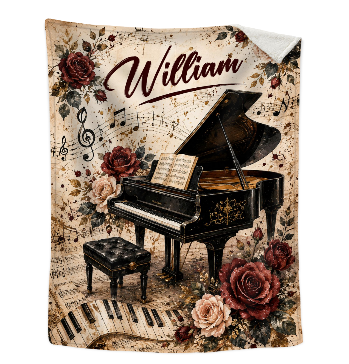Personalized Piano Blanket, Custom Name Grand Piano Fleece Throw, Vintage Floral Sheet Music Blanket, Pianist Gift, Music Teacher Gift