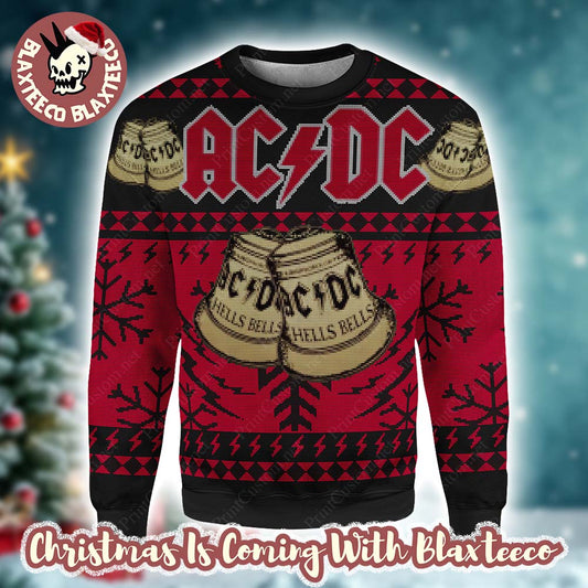 ACDC Hells Bells Signature Bells Snowflakes Pattern Black And Red Vintage Ugly Christmas Sweater