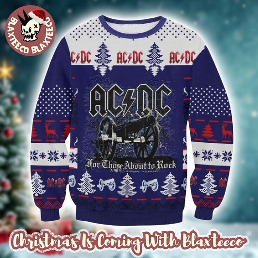 ACDC Signature Cannon For Those About To Rock Knitted Purple Ugly Christmas Sweater