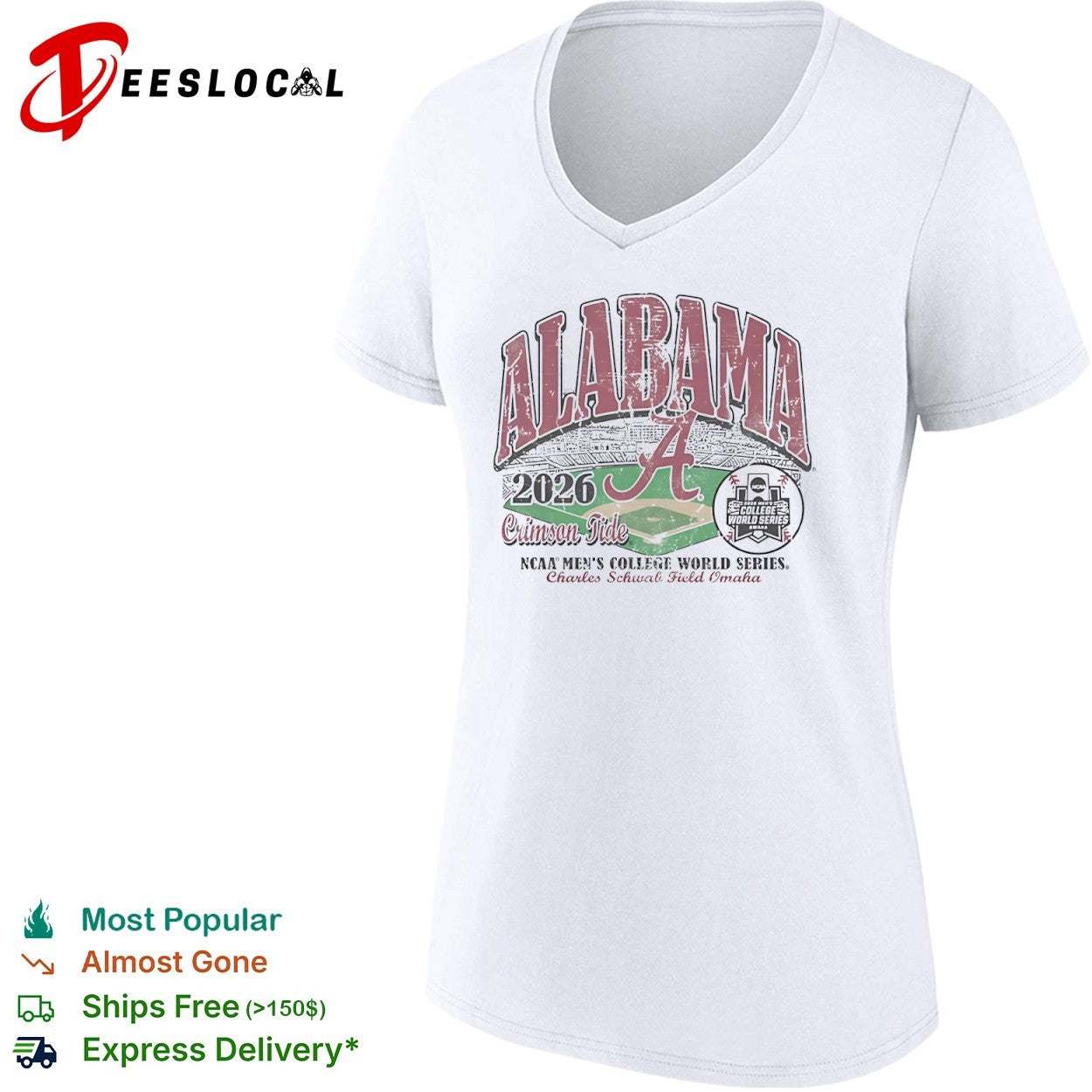 Alabama Crimson Tide Mens College World Series 2026 Charles Schwab Field Omaha stadium shirt