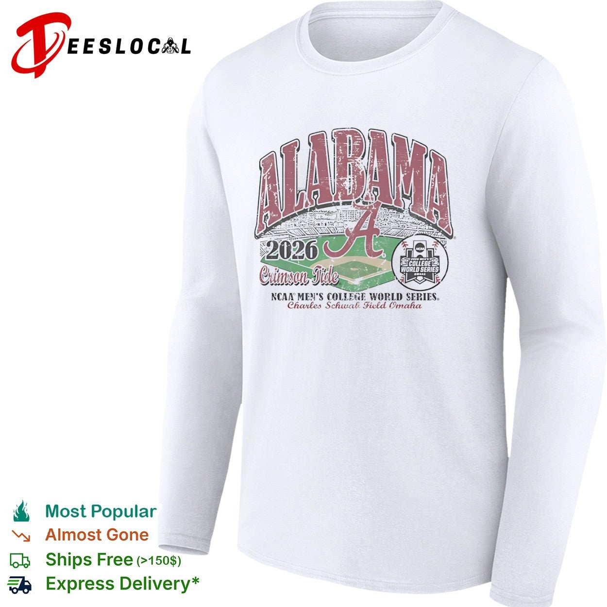 Alabama Crimson Tide Mens College World Series 2026 Charles Schwab Field Omaha stadium shirt