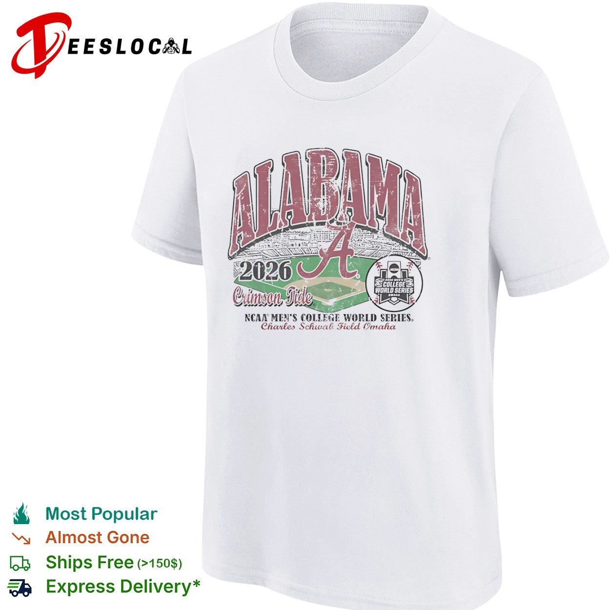 Alabama Crimson Tide Mens College World Series 2026 Charles Schwab Field Omaha stadium shirt