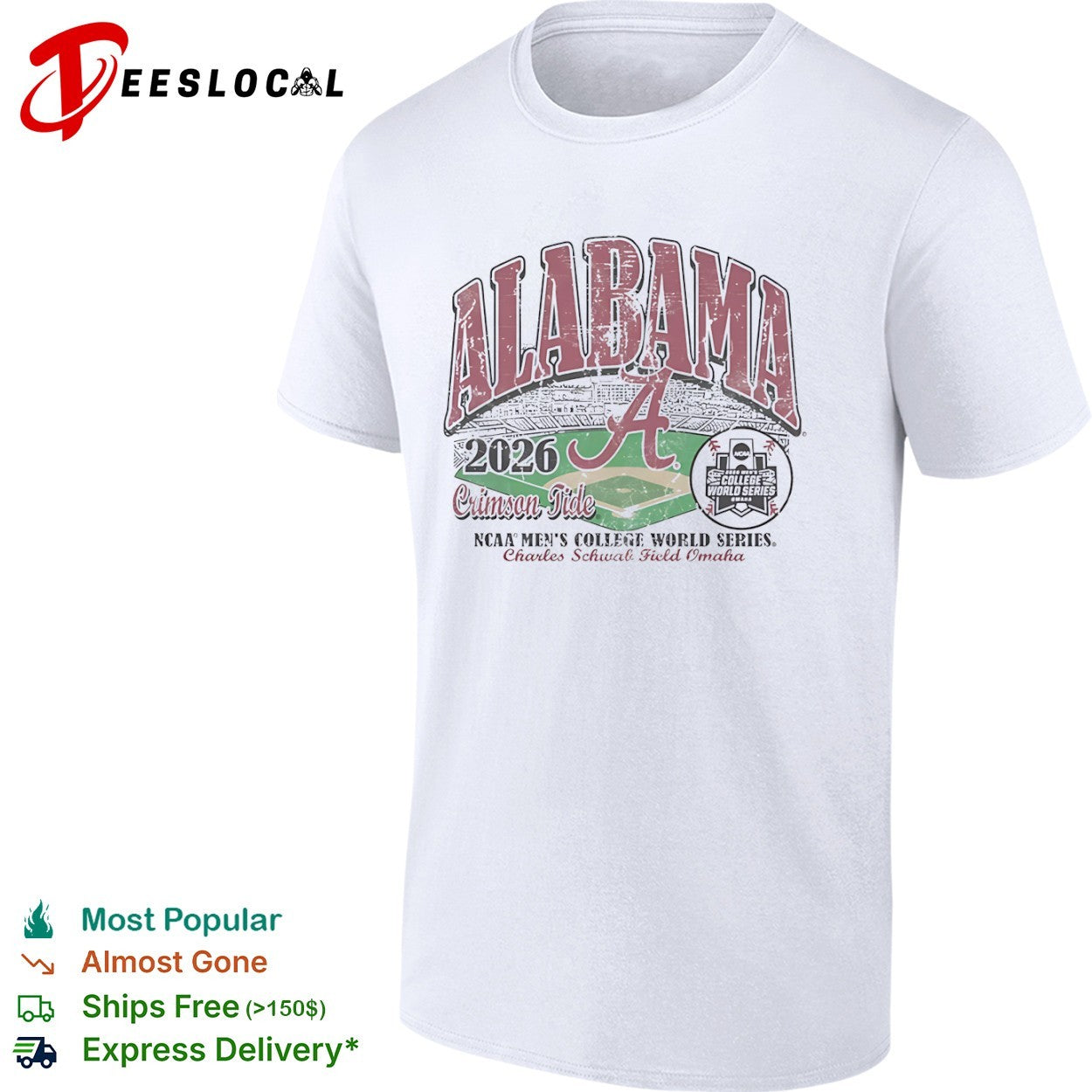 Alabama Crimson Tide Mens College World Series 2026 Charles Schwab Field Omaha stadium shirt