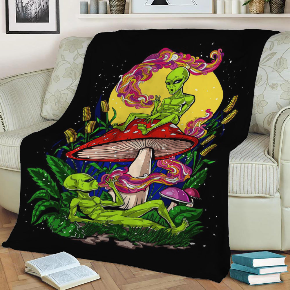 Aliens Magic Mushroom Weed Fleece Throw Blanket
