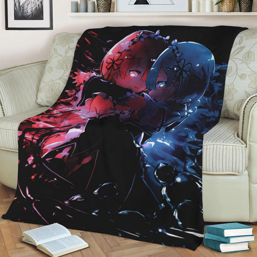 Anime ReZero Ram and Rem Fleece Throw Blanket