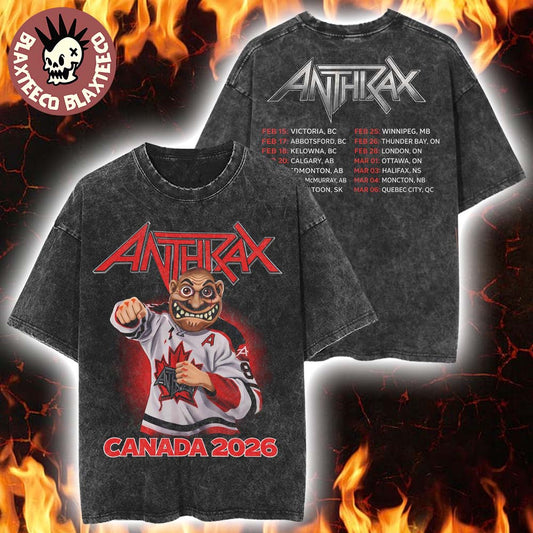 Anthrax Canada 2026 Tour Merch Tee No Man Mascot Canada Hockey Player Art Elbows Up Retro Mineral Wash T-Shirt