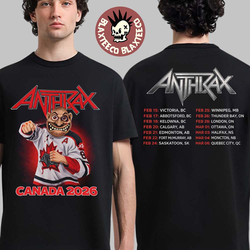 Anthrax Canada 2026 Tour Merch Tee No Man Mascot Canada Hockey Player Art Elbows Up T-Shirt