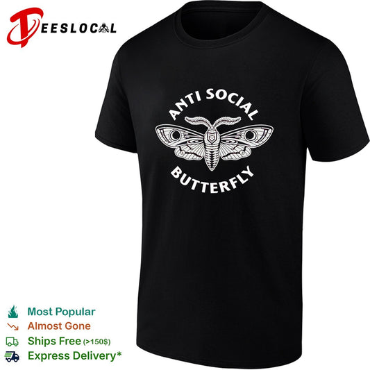 Anti social butterfly moth illustration badge shirt
