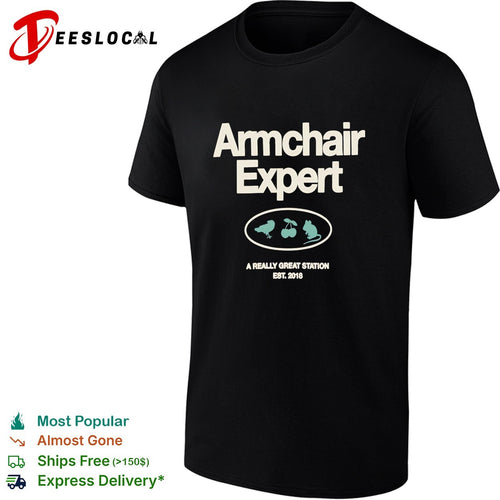 Armchair Expert podcast logo with bird cherry and mouse a really great station shirt
