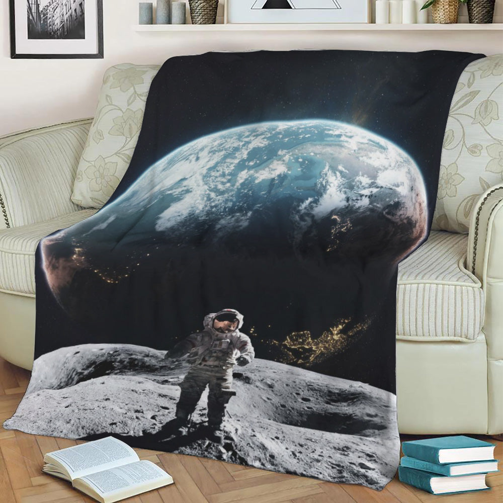 Astronaut Walking on Moon Fleece Throw Blanket
