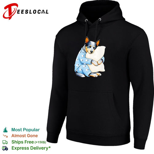 Australian Cattle Dog Sleeping in Sheep Pajamas Hugging a White Pillow shirt