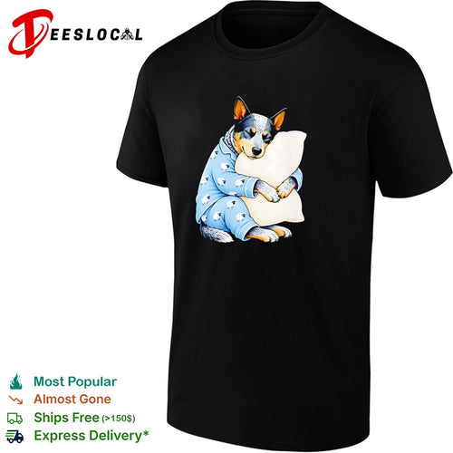 Australian Cattle Dog Sleeping in Sheep Pajamas Hugging a White Pillow shirt