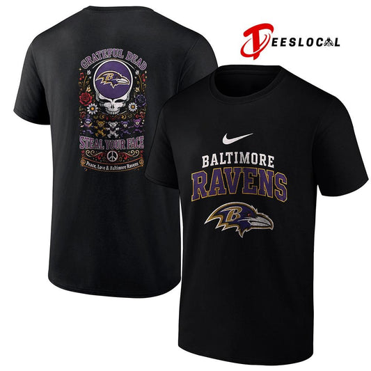 Baltimore Ravens x Grateful Dead steal your face peace love logo shirt