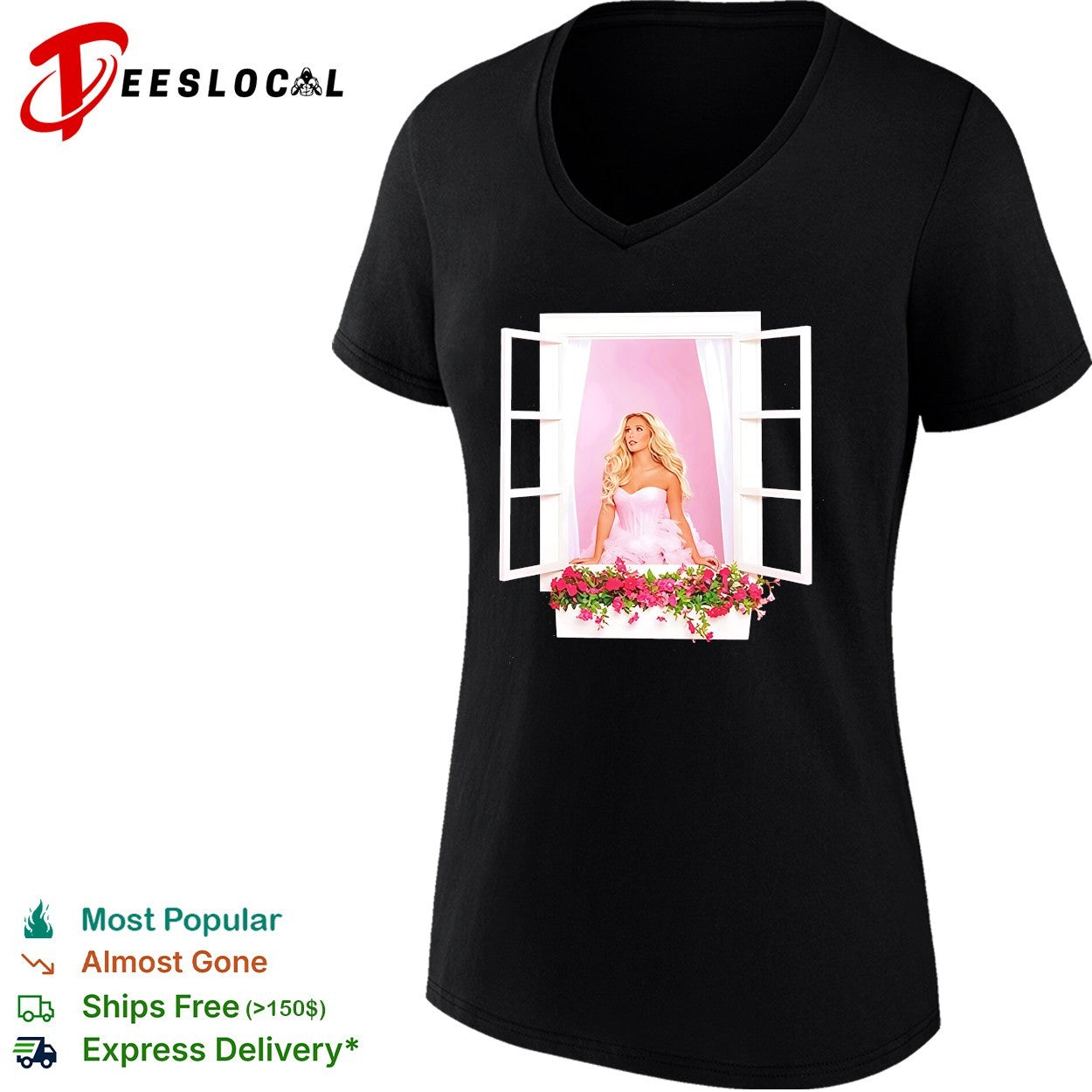 Barbie Movie Margot Robbie Doll Window Pink Floral Custom graphic shirt