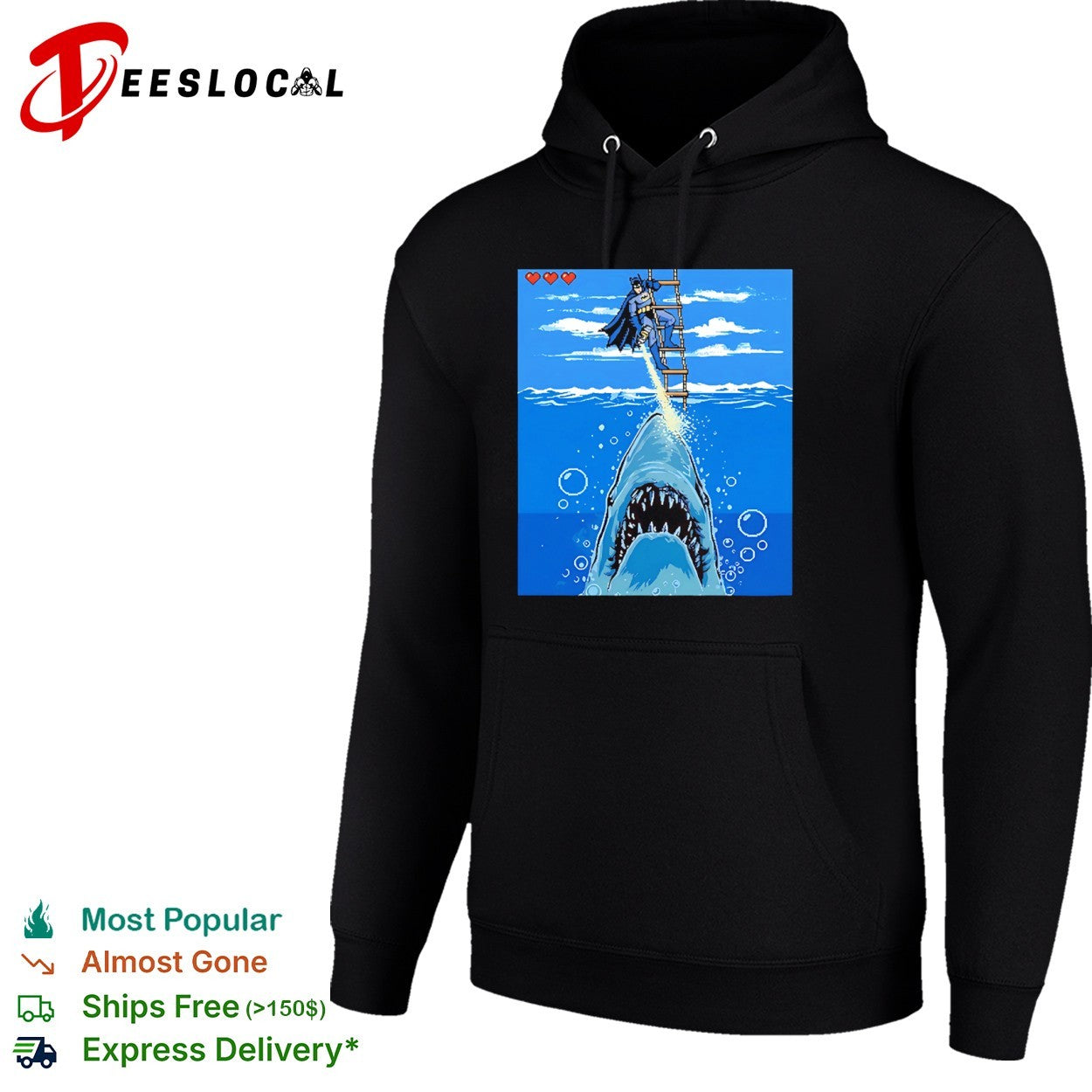 Batman Shark Attack Retro 8bit Video Game style Jaws shirt