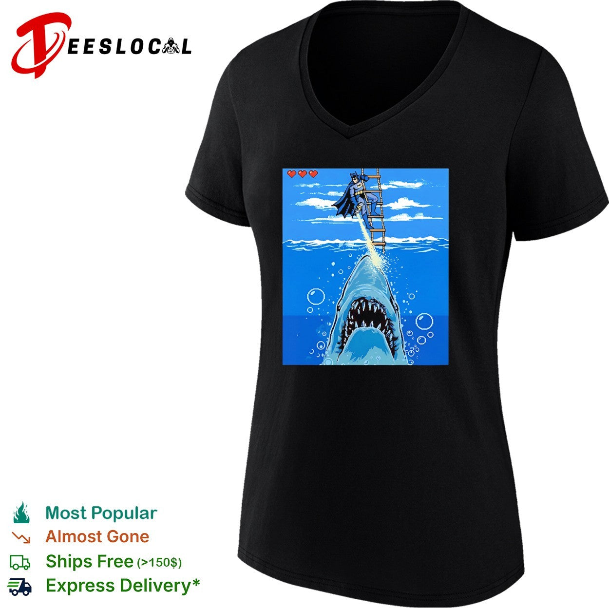 Batman Shark Attack Retro 8bit Video Game style Jaws shirt