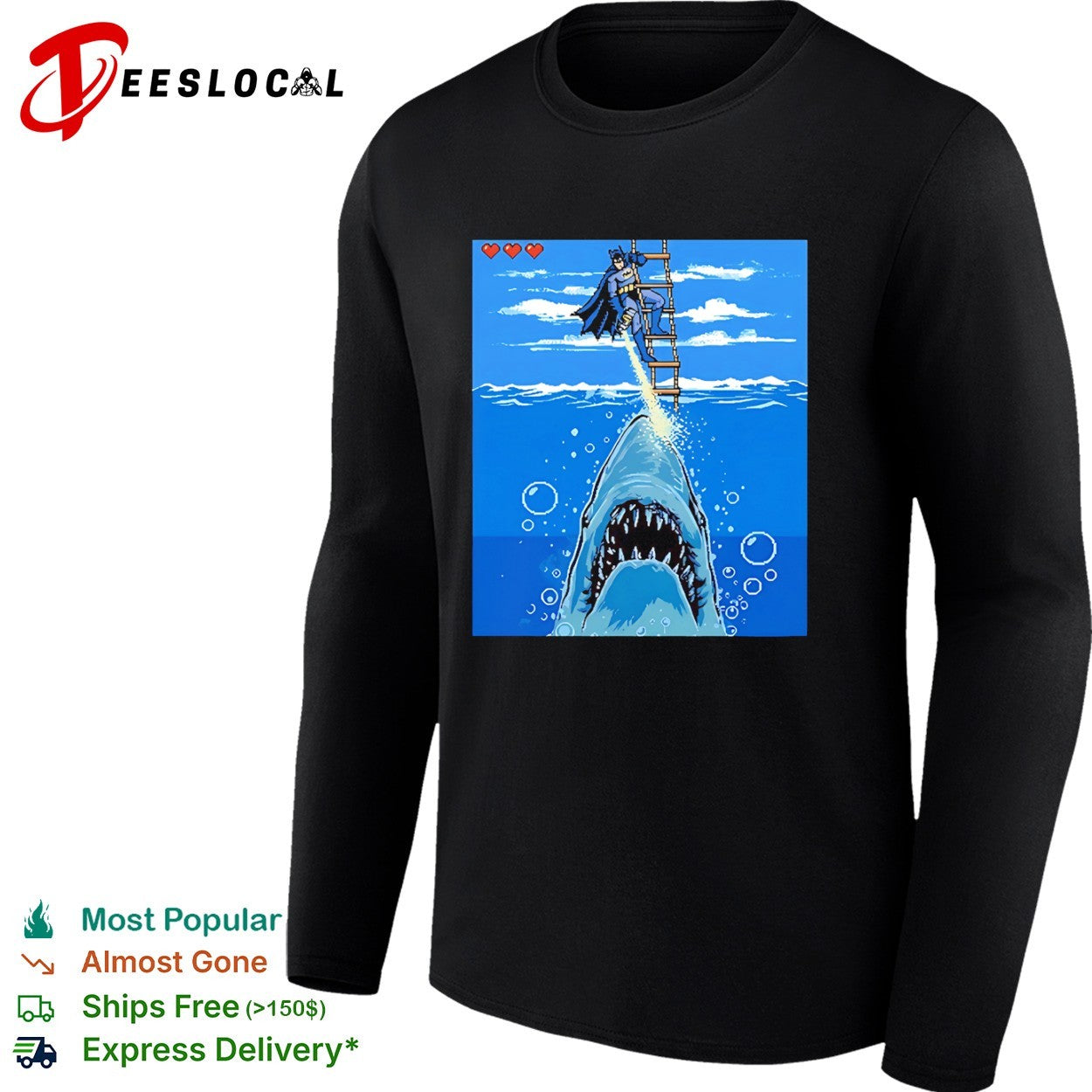 Batman Shark Attack Retro 8bit Video Game style Jaws shirt