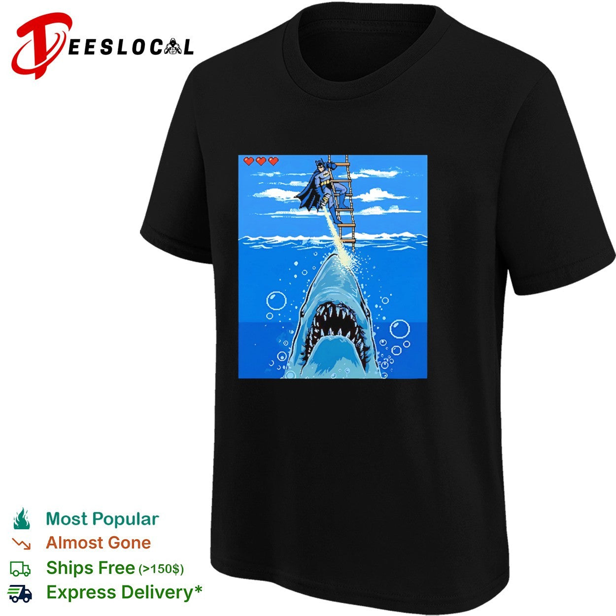Batman Shark Attack Retro 8bit Video Game style Jaws shirt