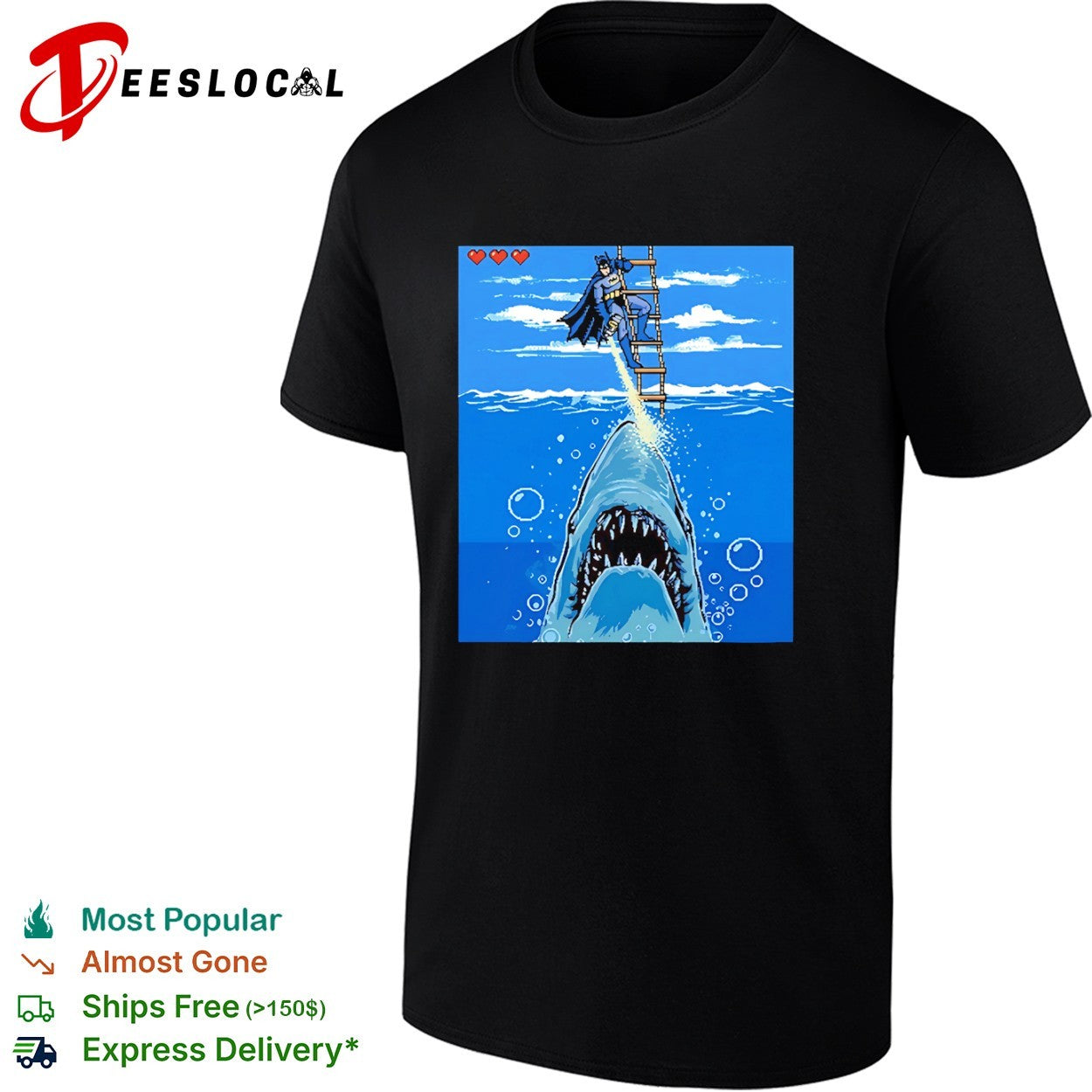 Batman Shark Attack Retro 8bit Video Game style Jaws shirt