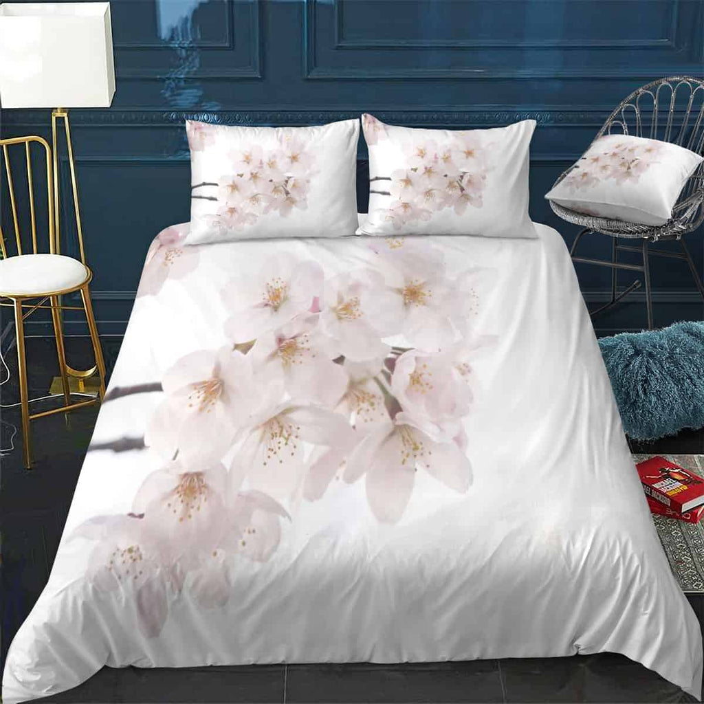 Beautiful White Sakura Cherry Blossoms in Spring Bedding Set (Duvet Cover & Pillow Shams)