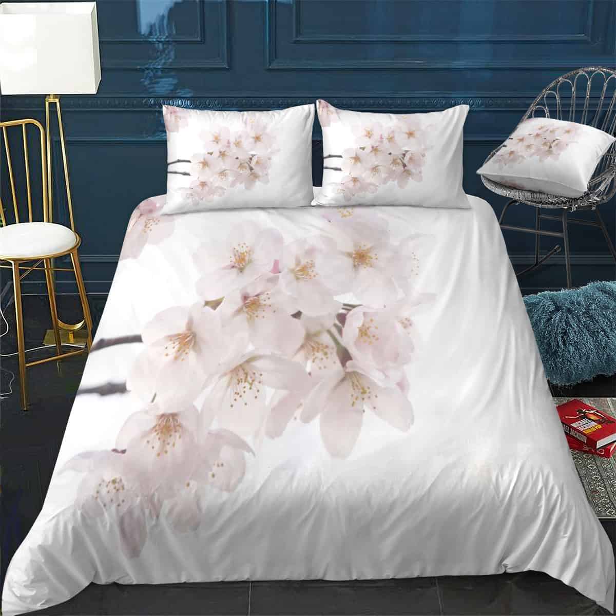 Beautiful White Sakura Cherry Blossoms in Spring Bedding Set (Duvet Cover & Pillow Shams)