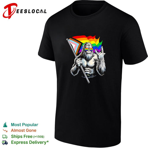 Bigfoot holding Progress Pride flag middle finger LGBTQ art shirt