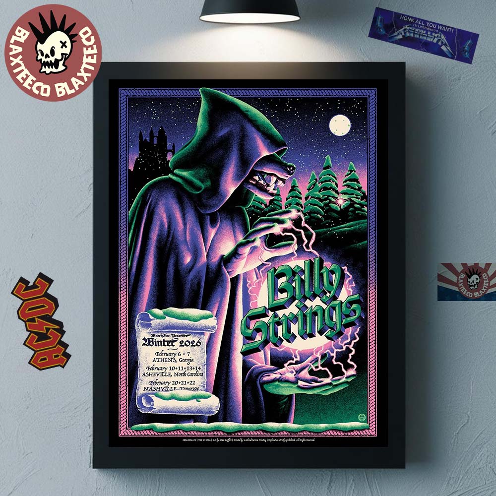 Billy Strings Winter 2026 Tour February 6 To 22 From Athens To Nashville The Sorcerer Wolf Art By Max Loffler Poster Canvas