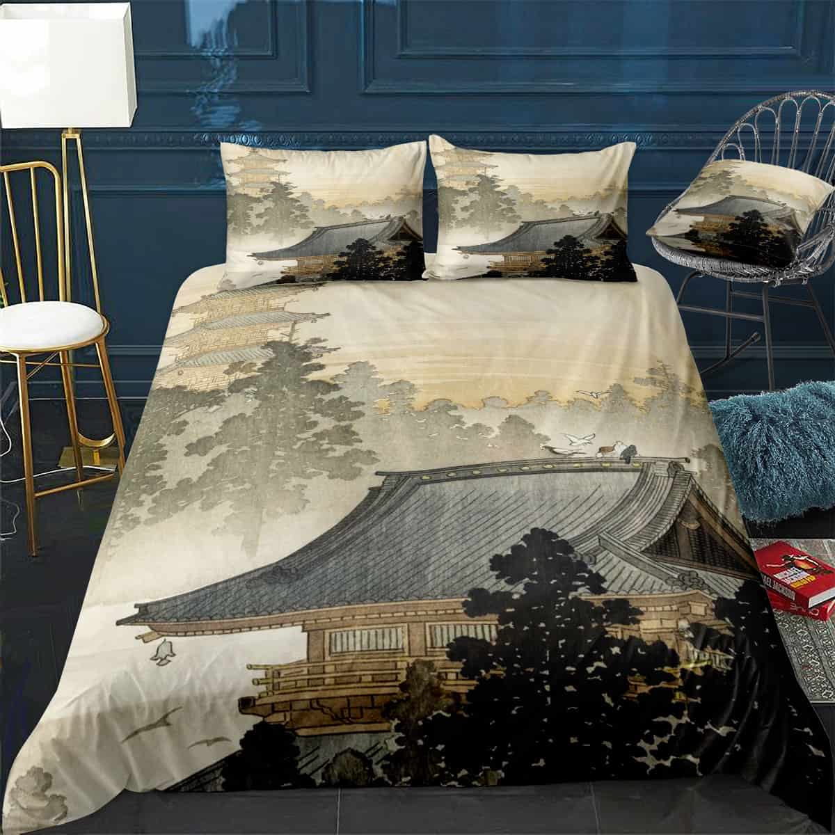 Birds on japanese pagoda Bedding Set (Duvet Cover & Pillow Shams)