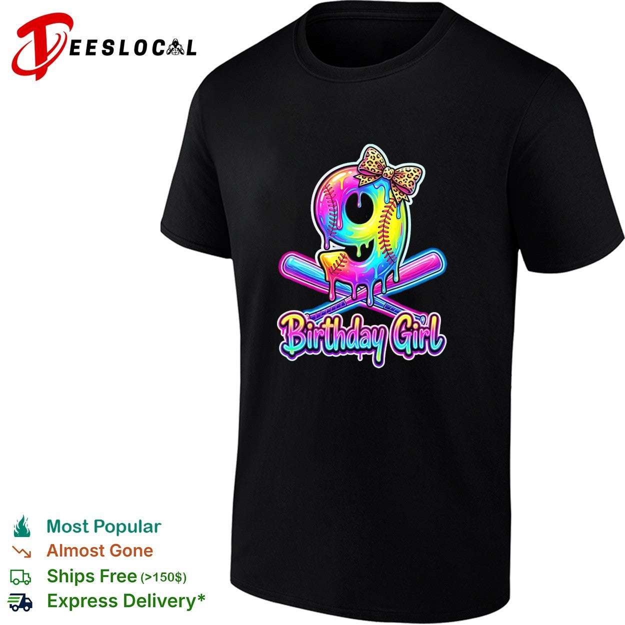 Birthday girl 9th birthday softball dripping neon leopard print bow celebration shirt