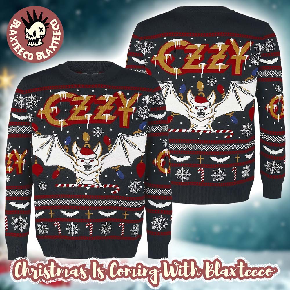 Black Sabbath Ozzy Osbourne Christmas Bat Incident With Santa Hat Holiday Bravado Ugly Christmas Sweater