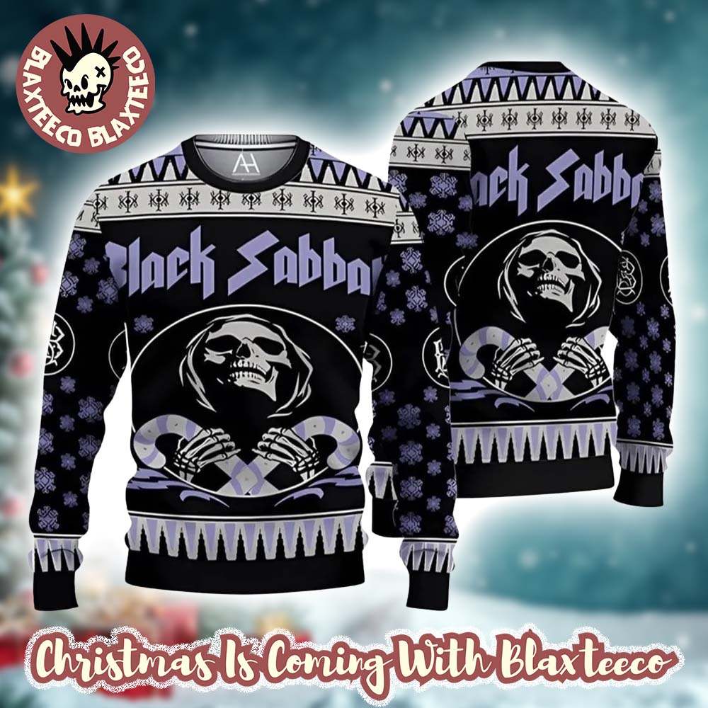 Black Sabbath The Death Skeleton Holding Candy Crane Gift For Fans Ugly Christmas Sweater