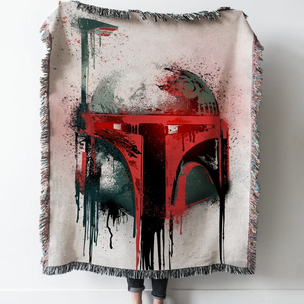 Boba Fett Graffitti Helmet Woven Tapestry Throw Blanket with Fringe