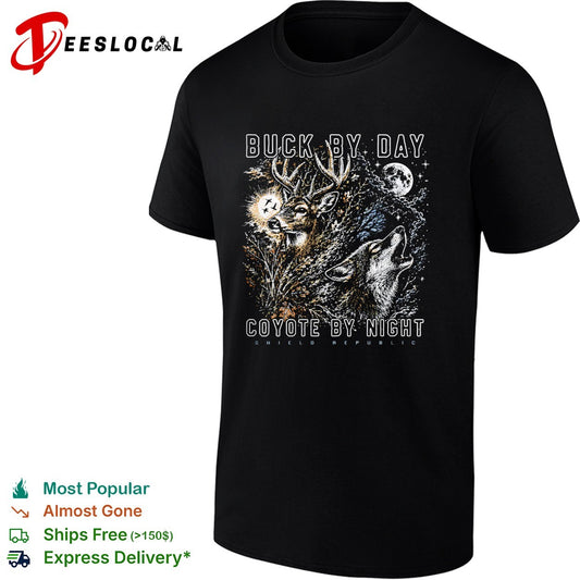 Buck by day coyote by night wildlife moon scene shirt