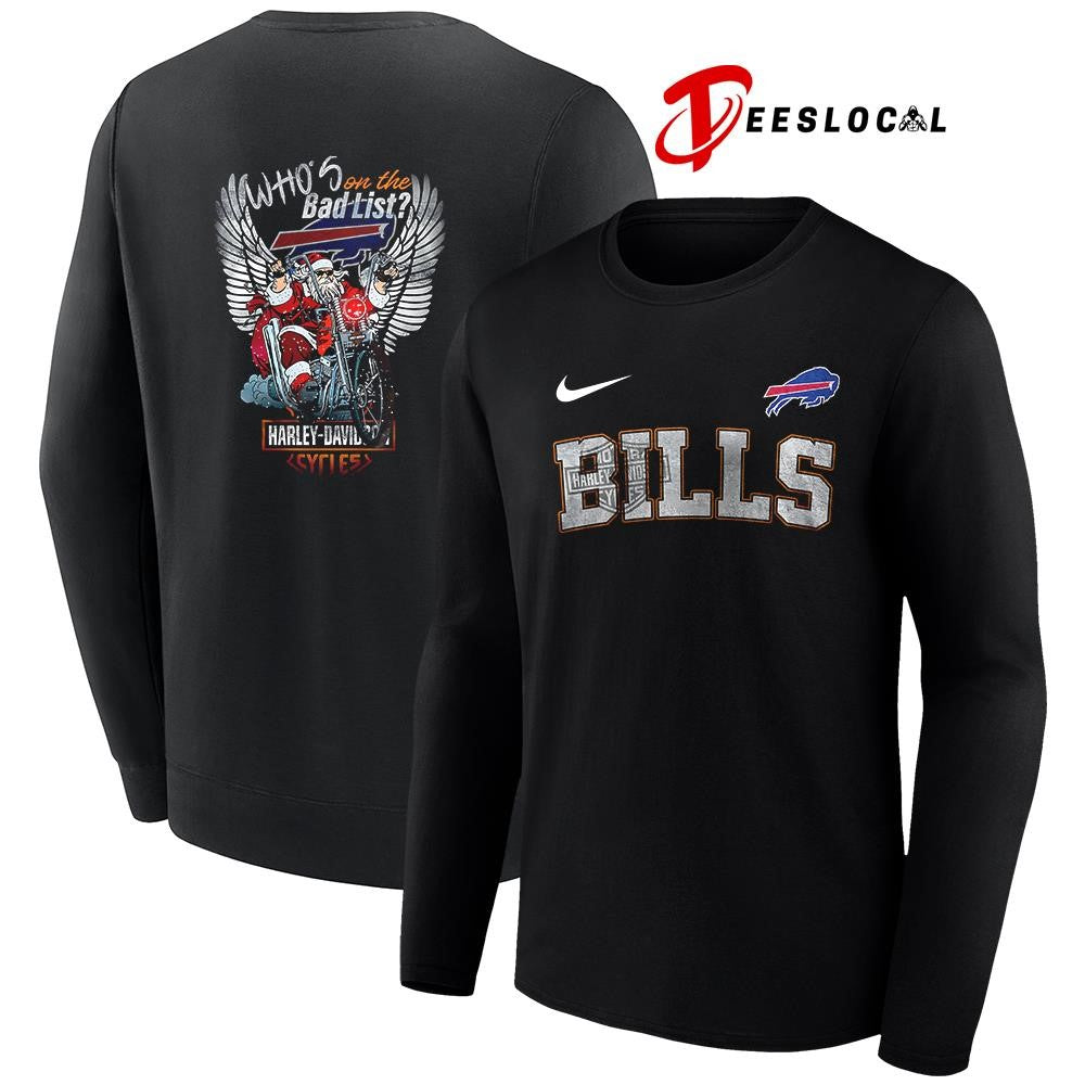 Buffalo Bills x Harley Davidson Santa Claus who’s on the bad list graphic shirt
