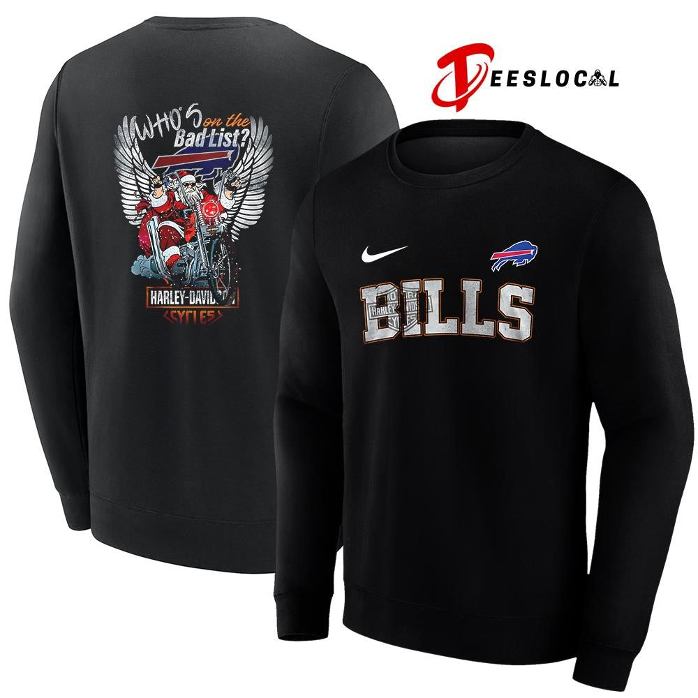 Buffalo Bills x Harley Davidson Santa Claus who’s on the bad list graphic shirt