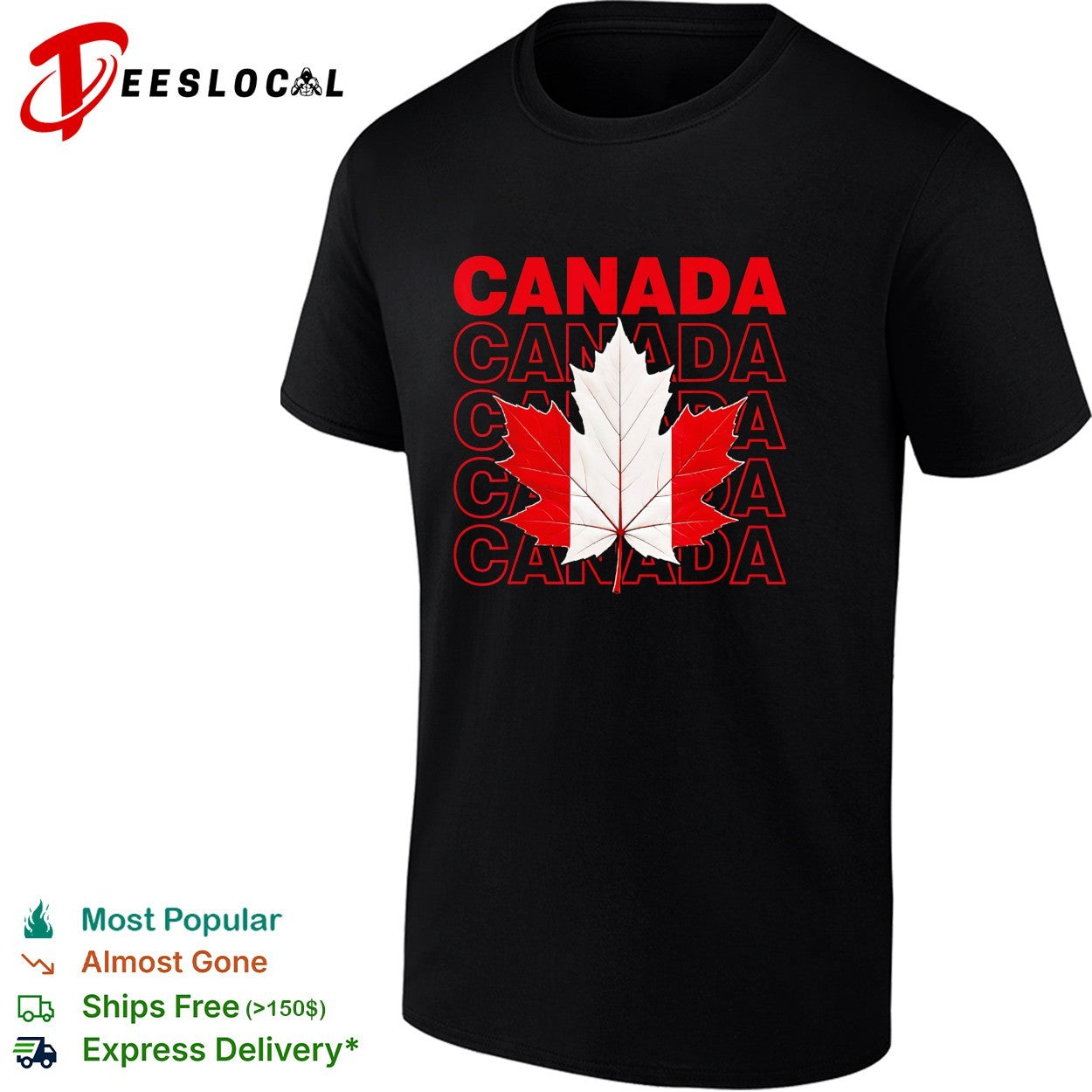 Canada maple leaf bold repeated stacked text shirt