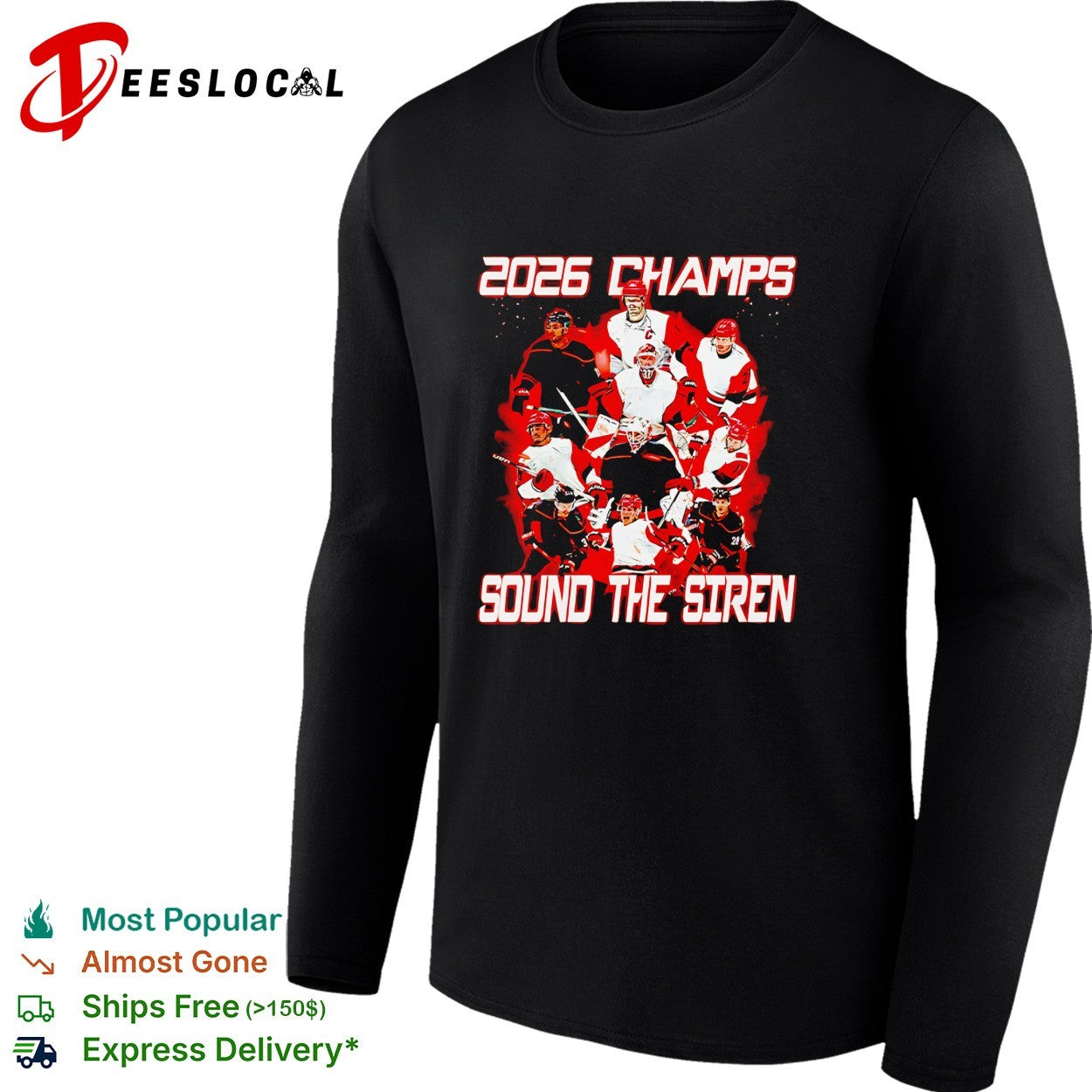 Carolina Hurricanes 2026 Champs Sound the Siren team action photo celebration shirt
